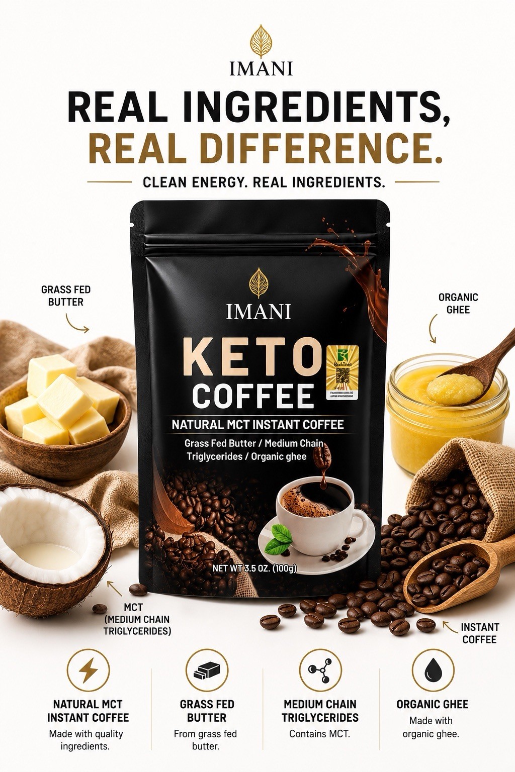 Keto Coffee Natural MCT Instant Coffee Grass Fed Butter & Ghee Blend 100g Diet