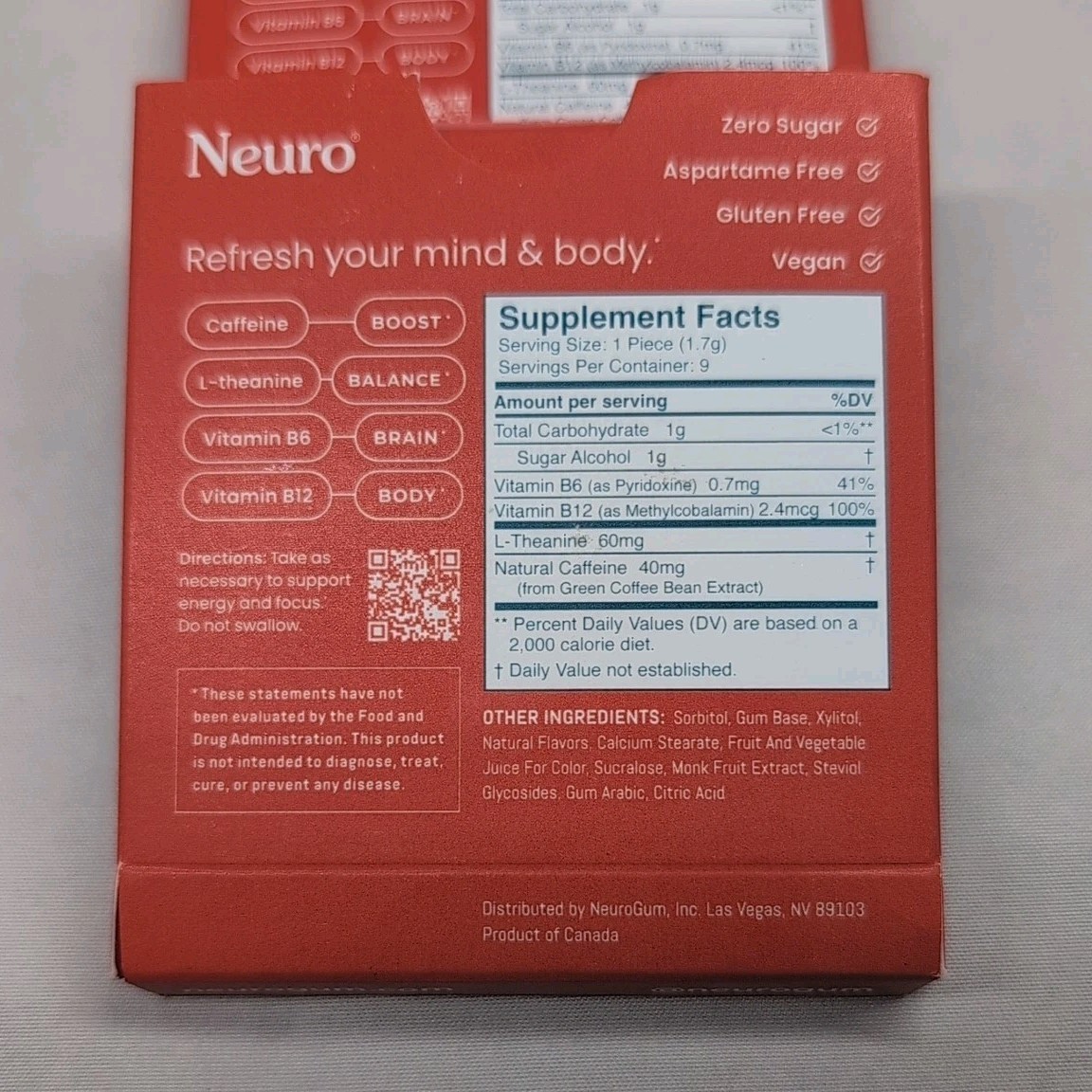 2 Neuro Gum CINNAMON Caffeine B-12, Exp 03/27