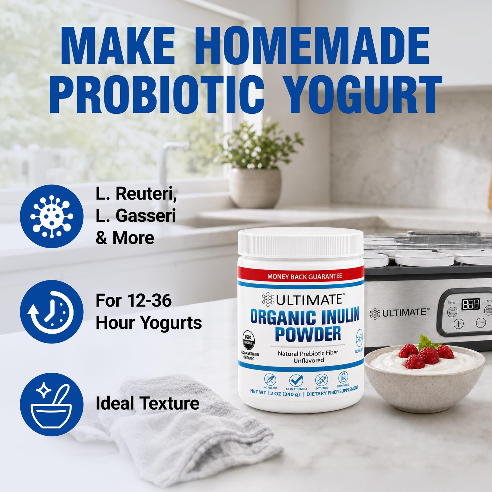 Ultimate Organic Inulin Powder. Make Delicious Probiotic Yogurt with Chicory Roo
