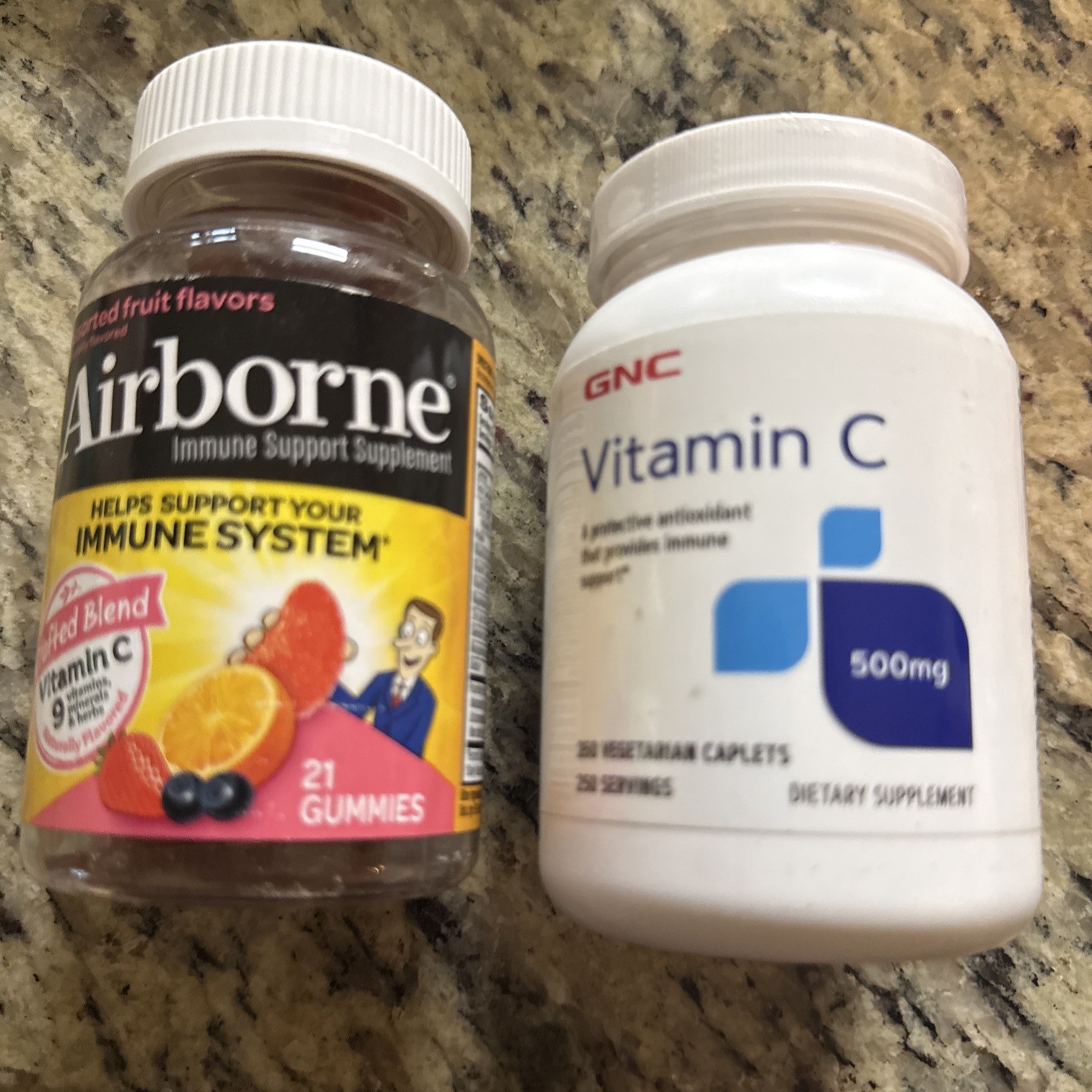 GNC Vitamin C-500 mg Antioxidants Immune Support 250 VegCaps/Airborne 21 Gummies