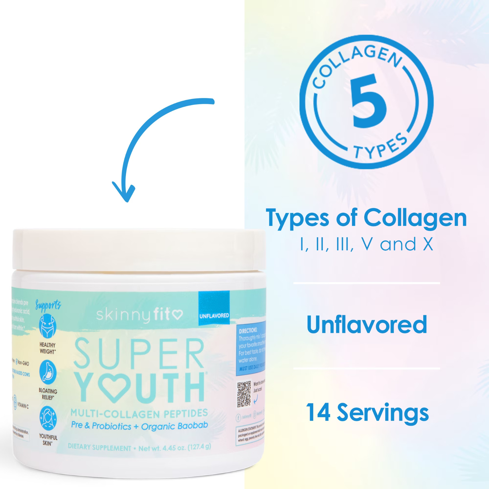 SkinnyFit Super Youth Collagen Peptides Powder Unflavored Probiotics 14 Servings