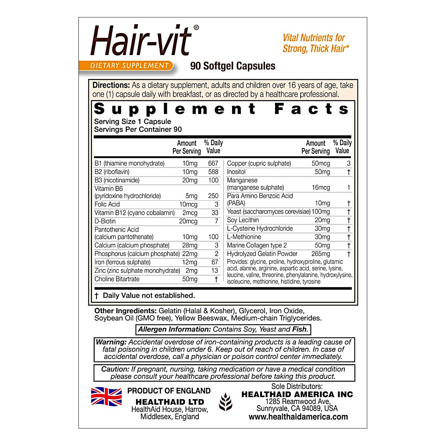 Hair-vit,Once Daily,4Strong,Thick&Shiny Hair,B-Vitamins+Amino Acids,90Caps