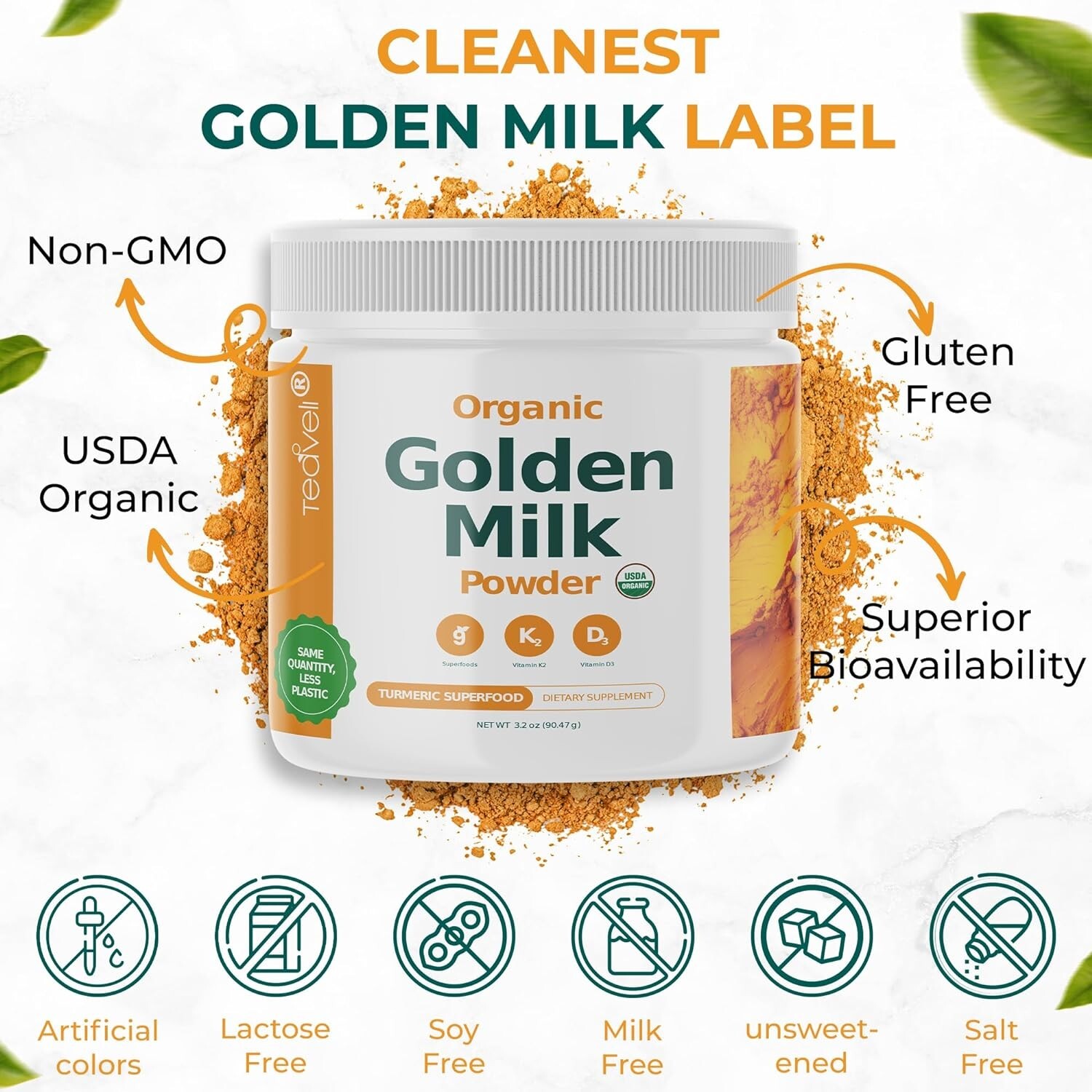 Organic Golden Milk Powder with Vitamin D3 & K2, Turmeric , Ginger , KSM66 Ashwa