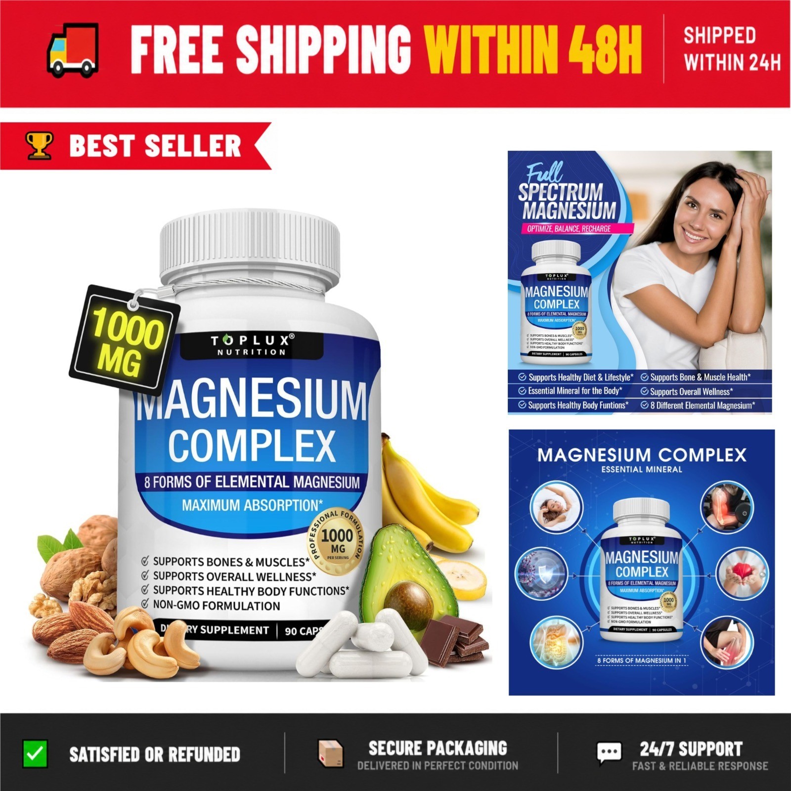Toplux Magnesium Complex Supplement 1000mg – 90 Capsules for Muscle & Bone