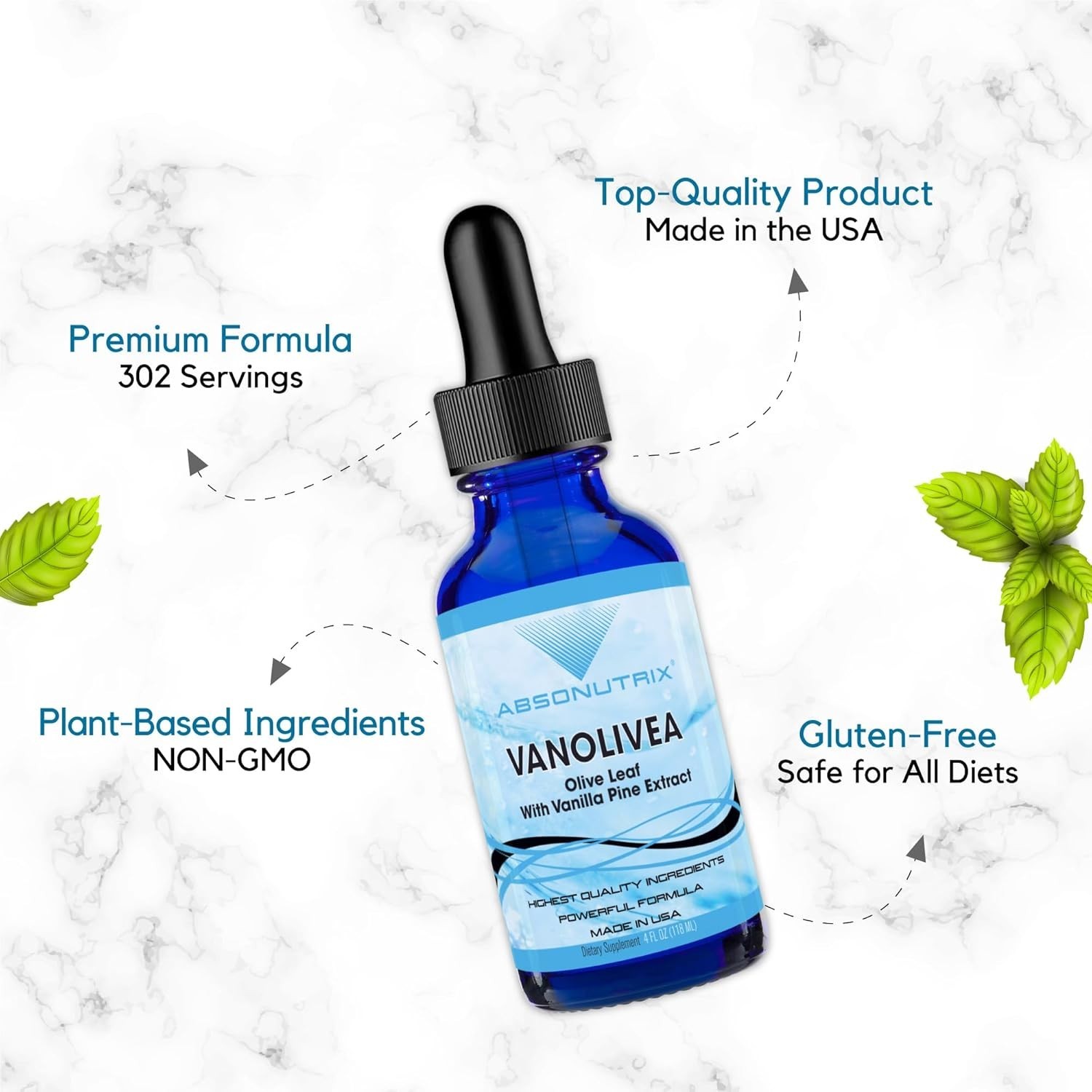 VanOlivea Olive Leaf Extract Liquid 302 Servings Plant Based Non GMO Made in USA