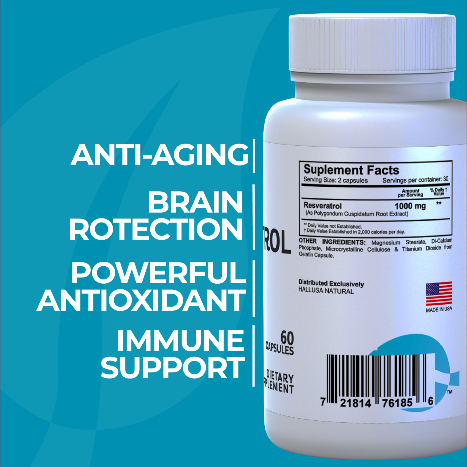 HALLVERATROL Resveratrol Capsules 1000 mg – Anit Aging & Brain Support – 60 Caps