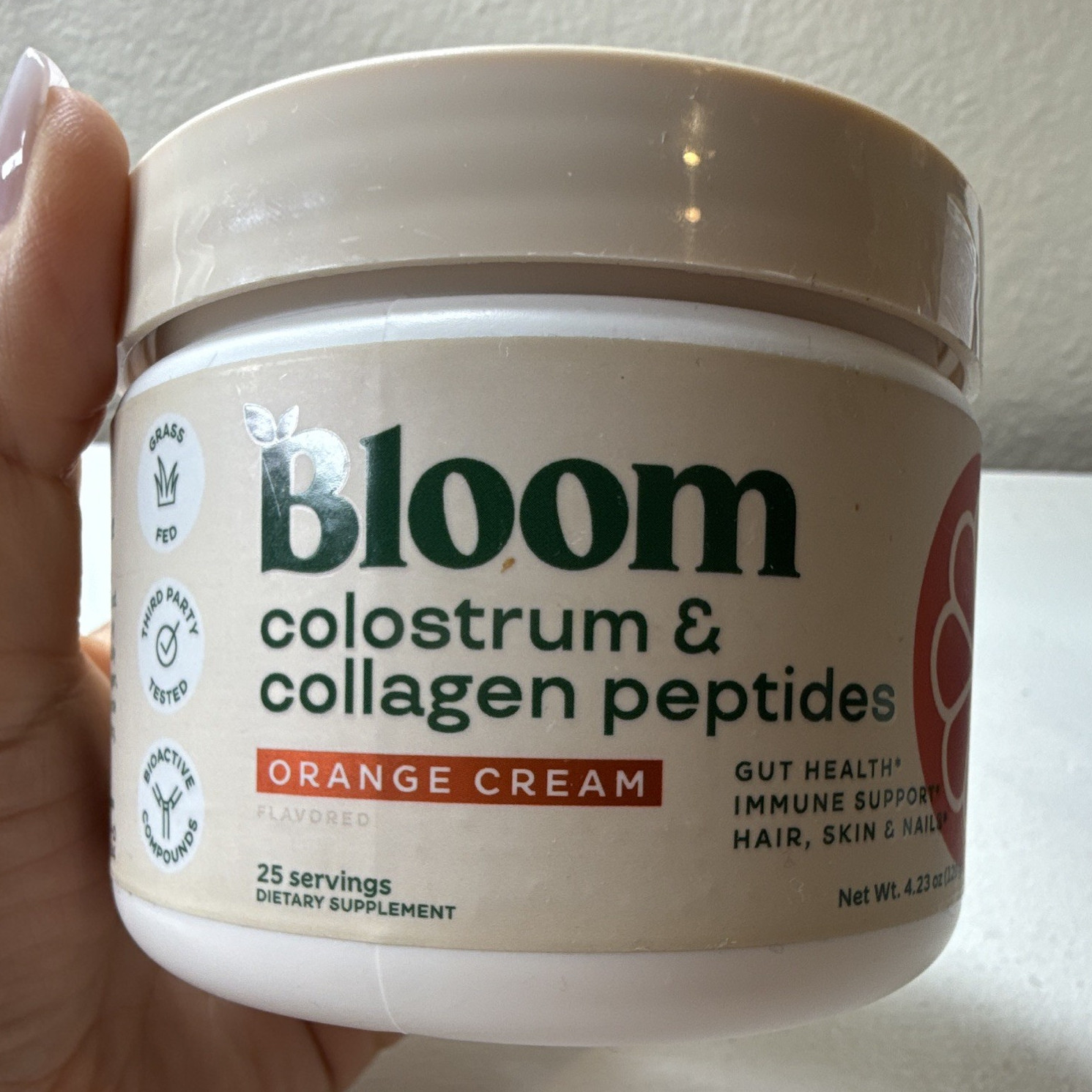 Bloom Colostrum + Collagen Peptides Powder Gut & Immune Orange Cream 4.23 oz