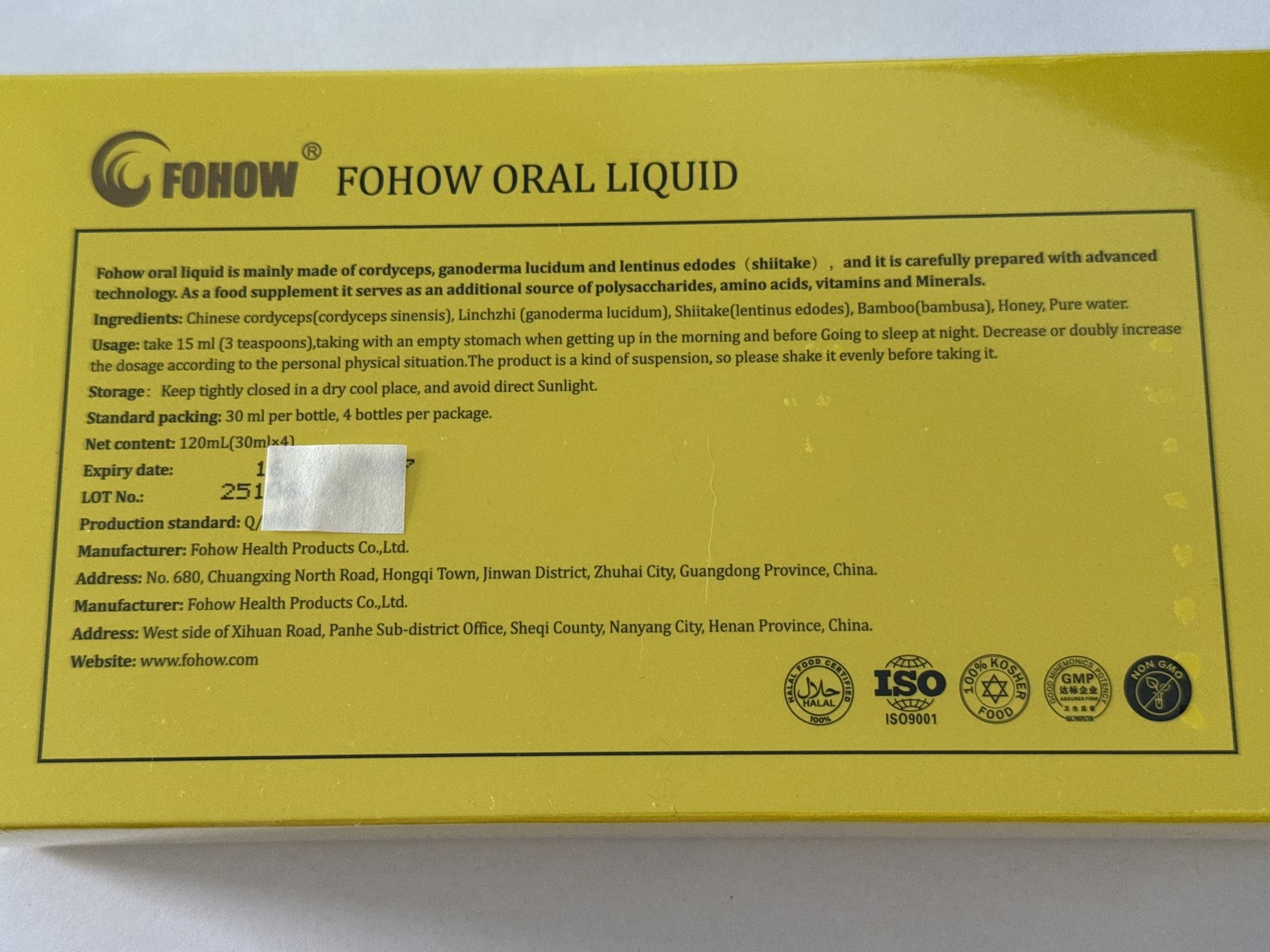 Fohow Phoenix Oral Cordyceps Sinensis Liquid Elixir 4x30ml Reishi Shiitake