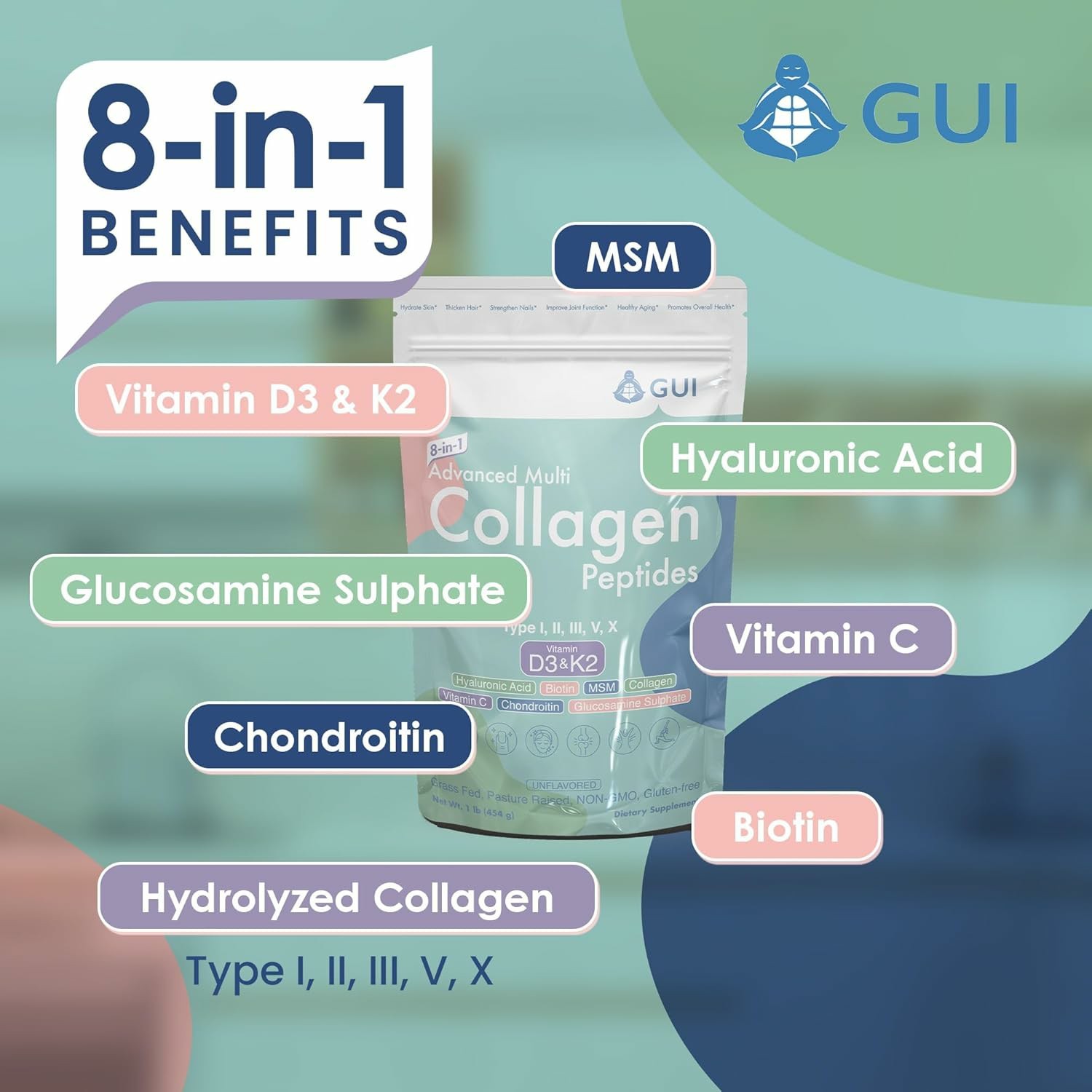 GUI Multi Collagen Peptides Powder Unflavored 1 lb D3 K2 Biotin Exp 07/2027