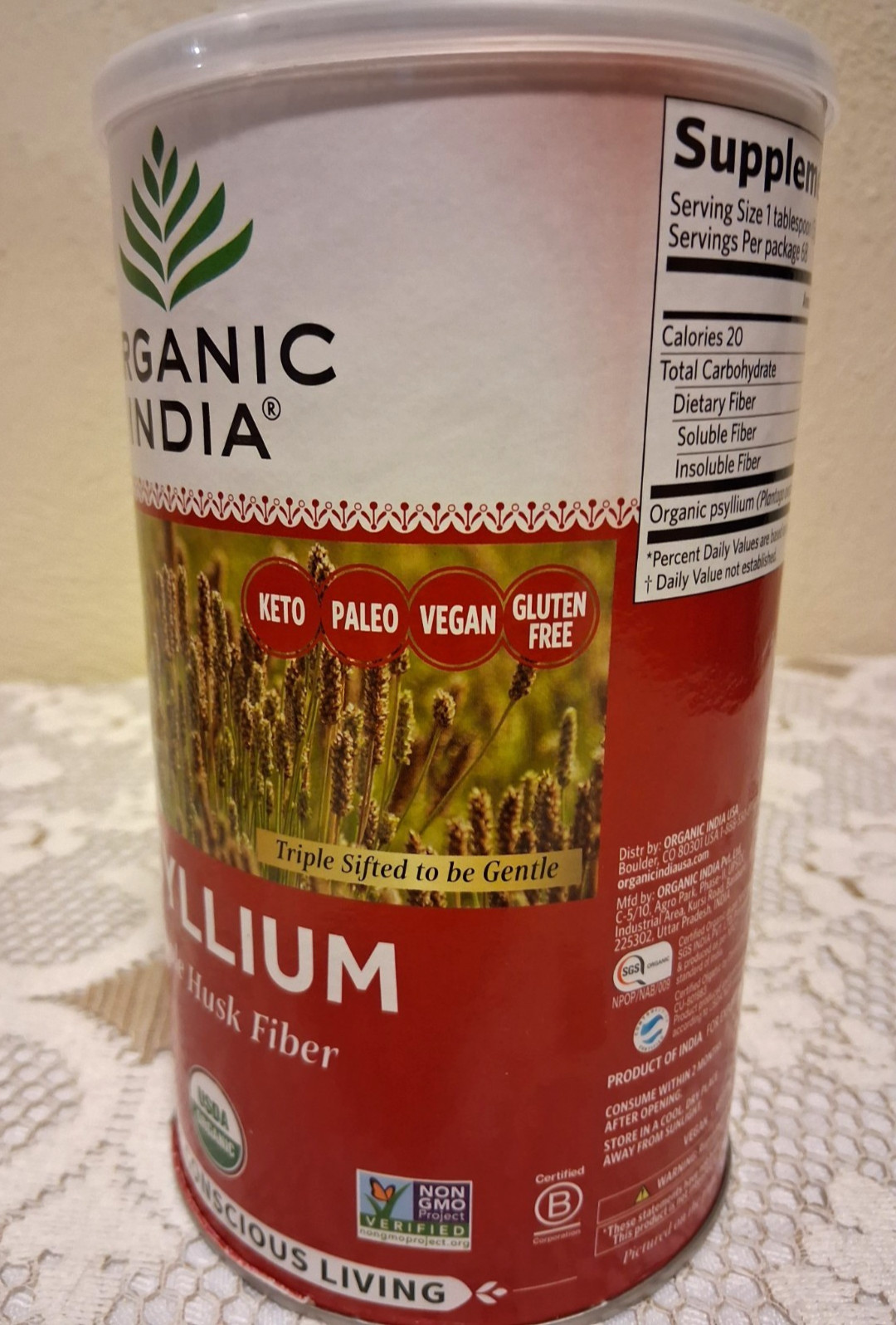 Organic India Psyllium Fiber Whole Husk Fiber Supplement Keto Vegan 12 oz