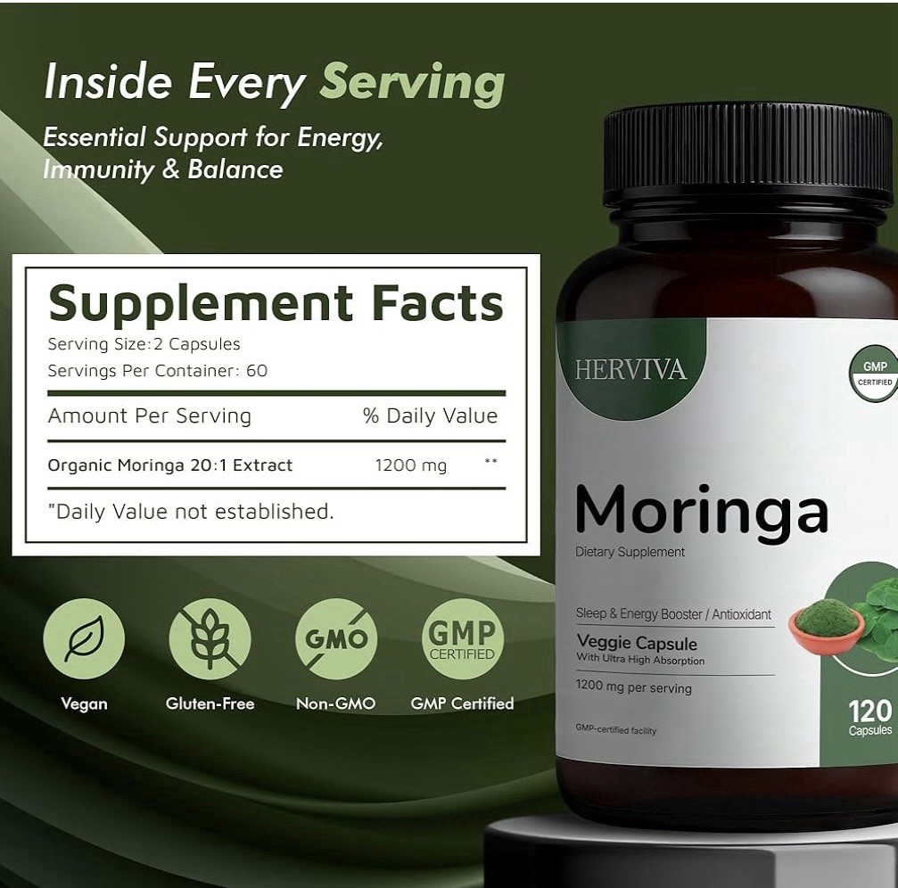HERVIVA – MORINGA SUPPLEMENT 1200MG PER SERVING – 120 QUICK RELEASE CAPSULES