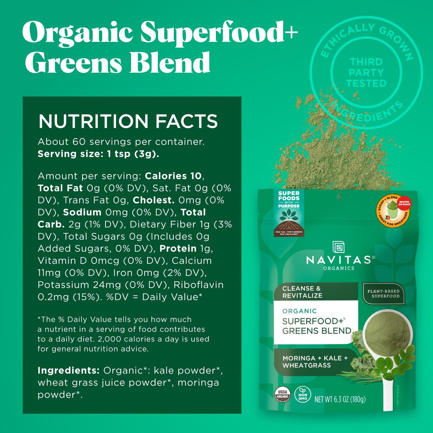 Navitas Organics Superfood Greens Blend 6.3oz Organic Detox Smoothie Powder