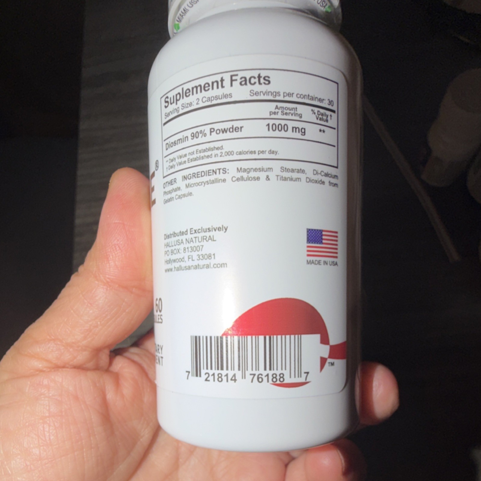 Hallusa Natural Diosmin 90% Powder 1000mg Circulation Support 60 Capsules USA