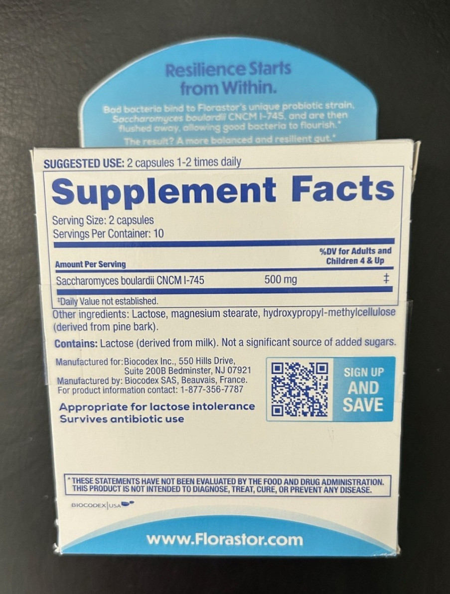 Florastor Dual Action Probiotic Supplement 250 MG Capsules 20 Count 9/26