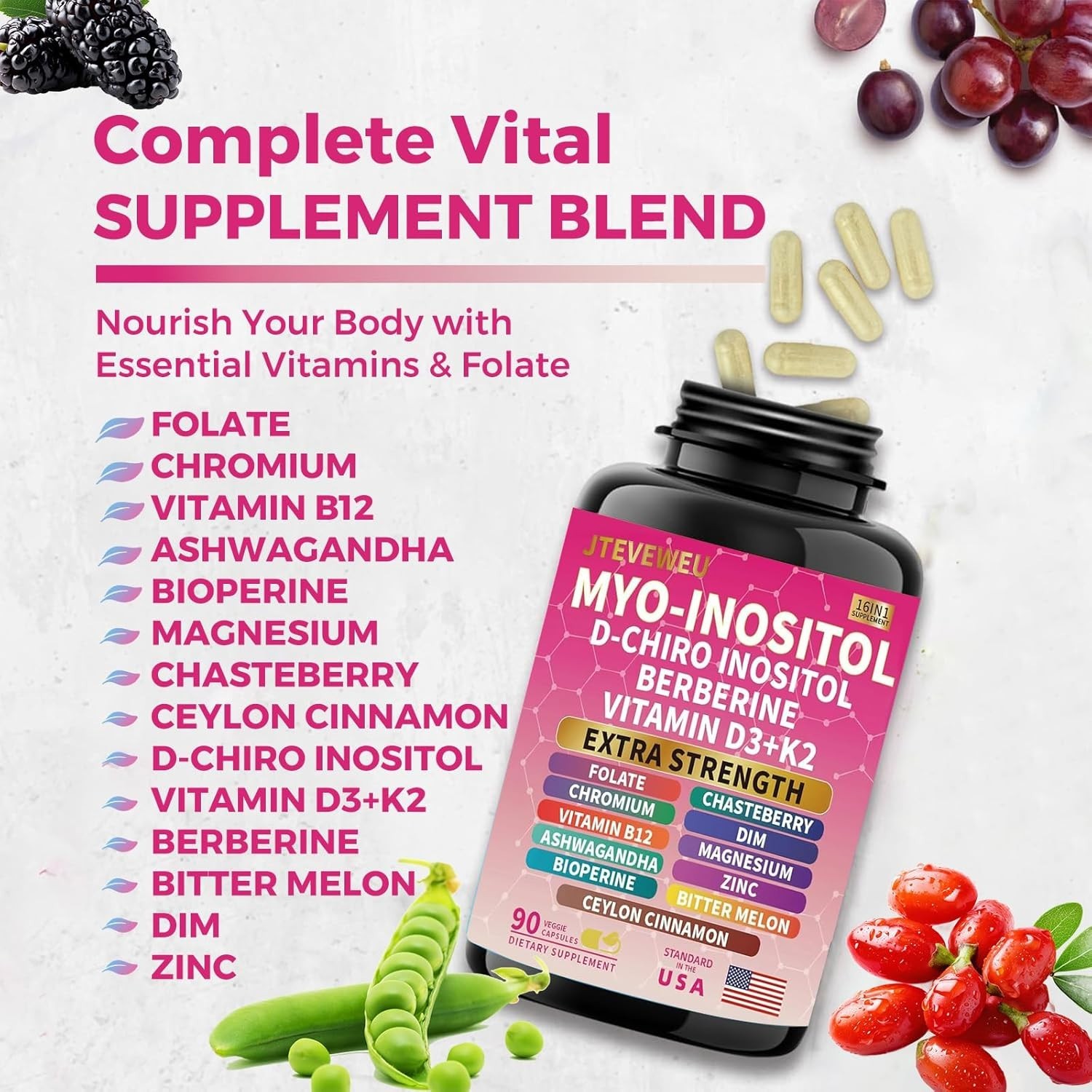 (2 Pack) Myo Inositol 16-in-1 Supplement w/ D-Chiro Inositol, Folate, Vitamin D