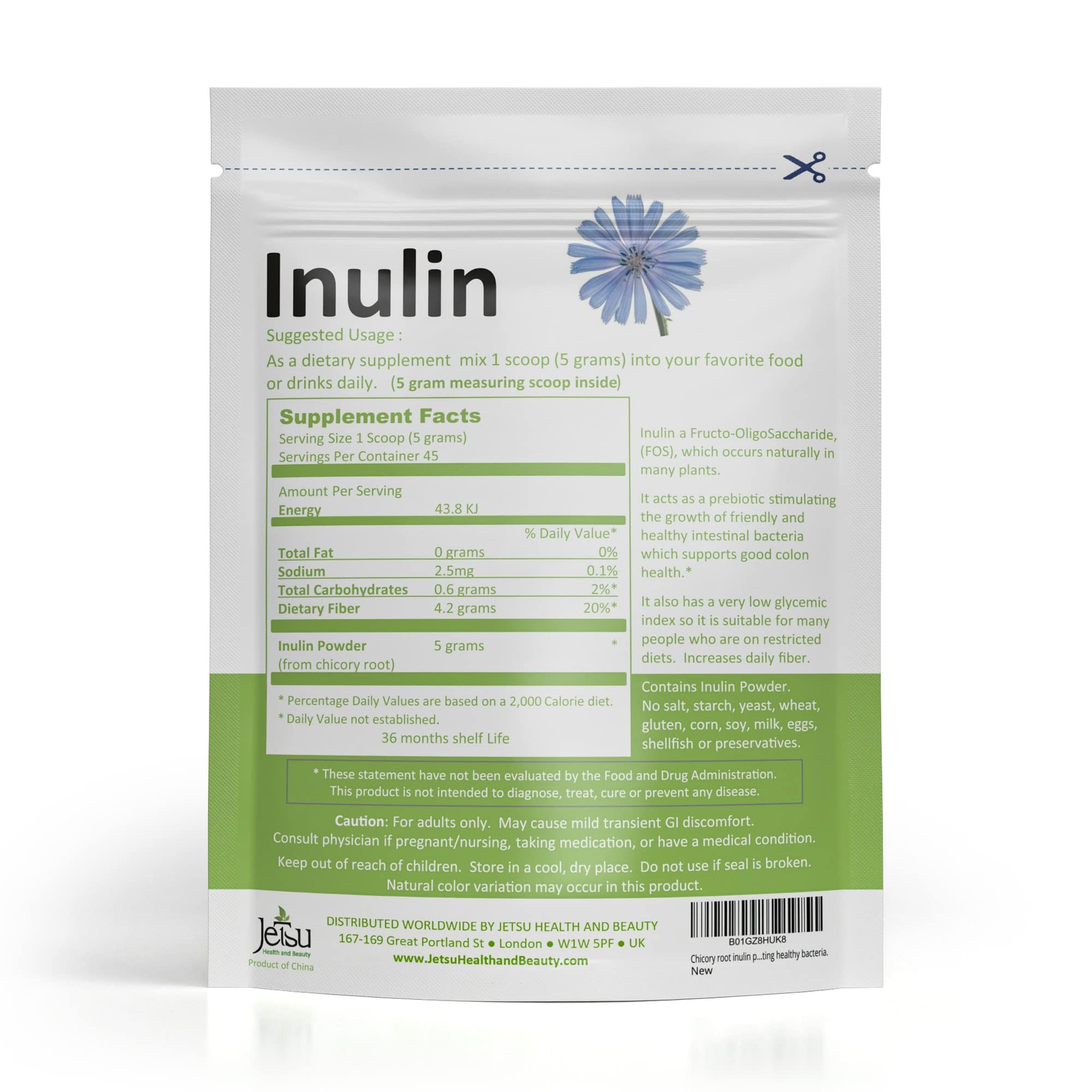 Inulin Powder Organic Chicory Root (FOS), Soluble Inulin Fiber prebiotic