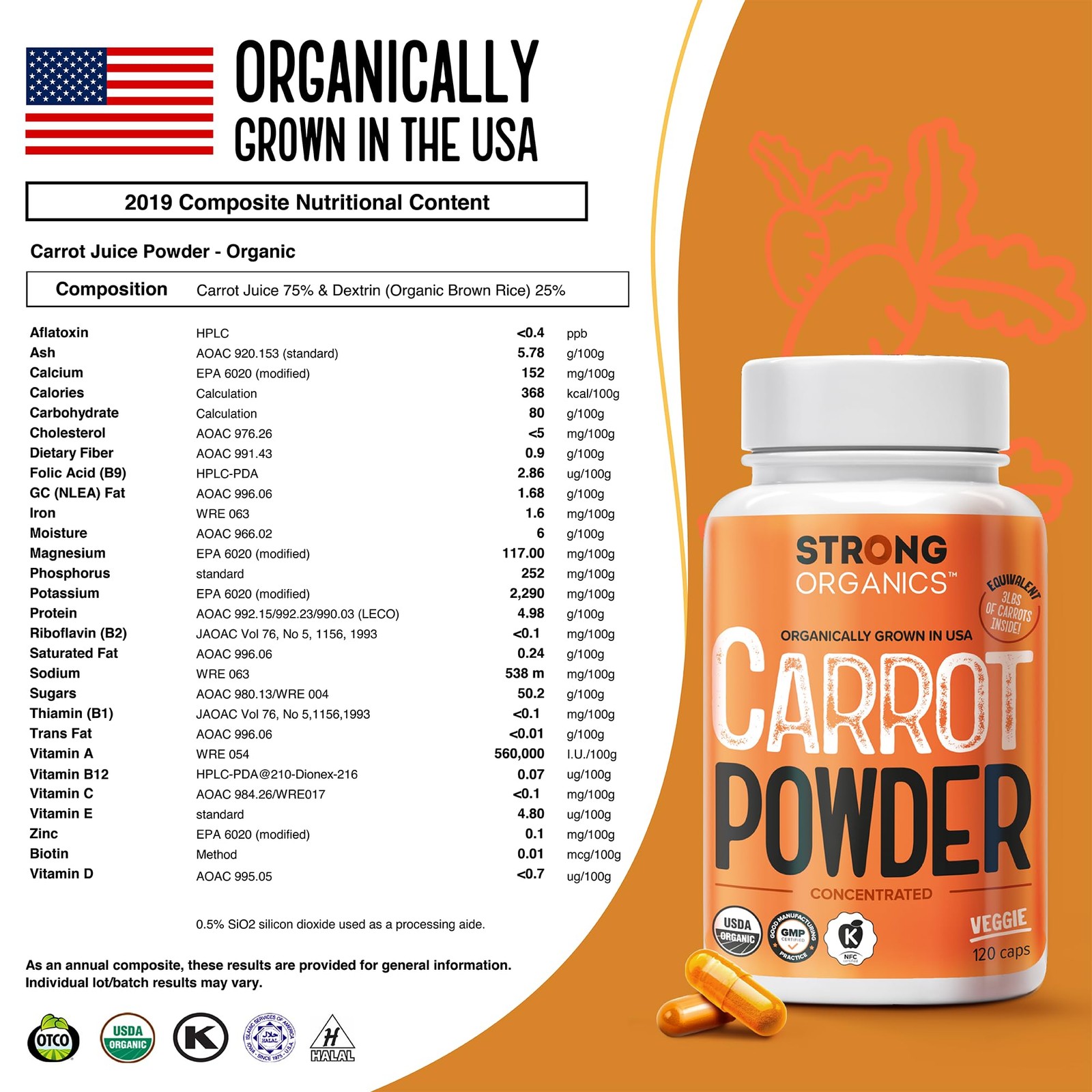 Strong Organics Carrot Juice Powder Caps – USA 120 Count (Pack of 1), 1