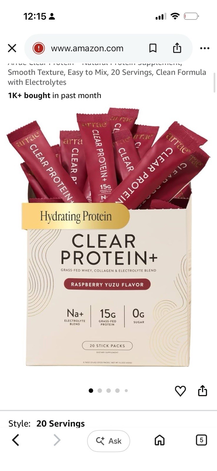 Arrae Clear Protein Plus 15g Grass-Fed Raspberry Yuzu, 20-Pack, Zero Sugar