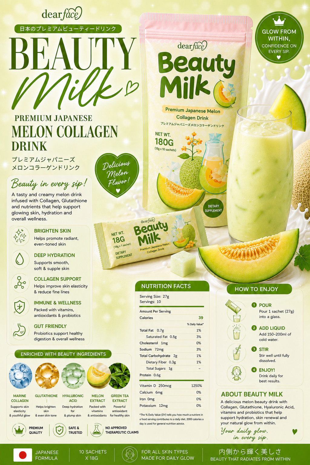 Beauty Milk Powder Skin Brightening Premium Japanese Melon Collagen Drink Whiten