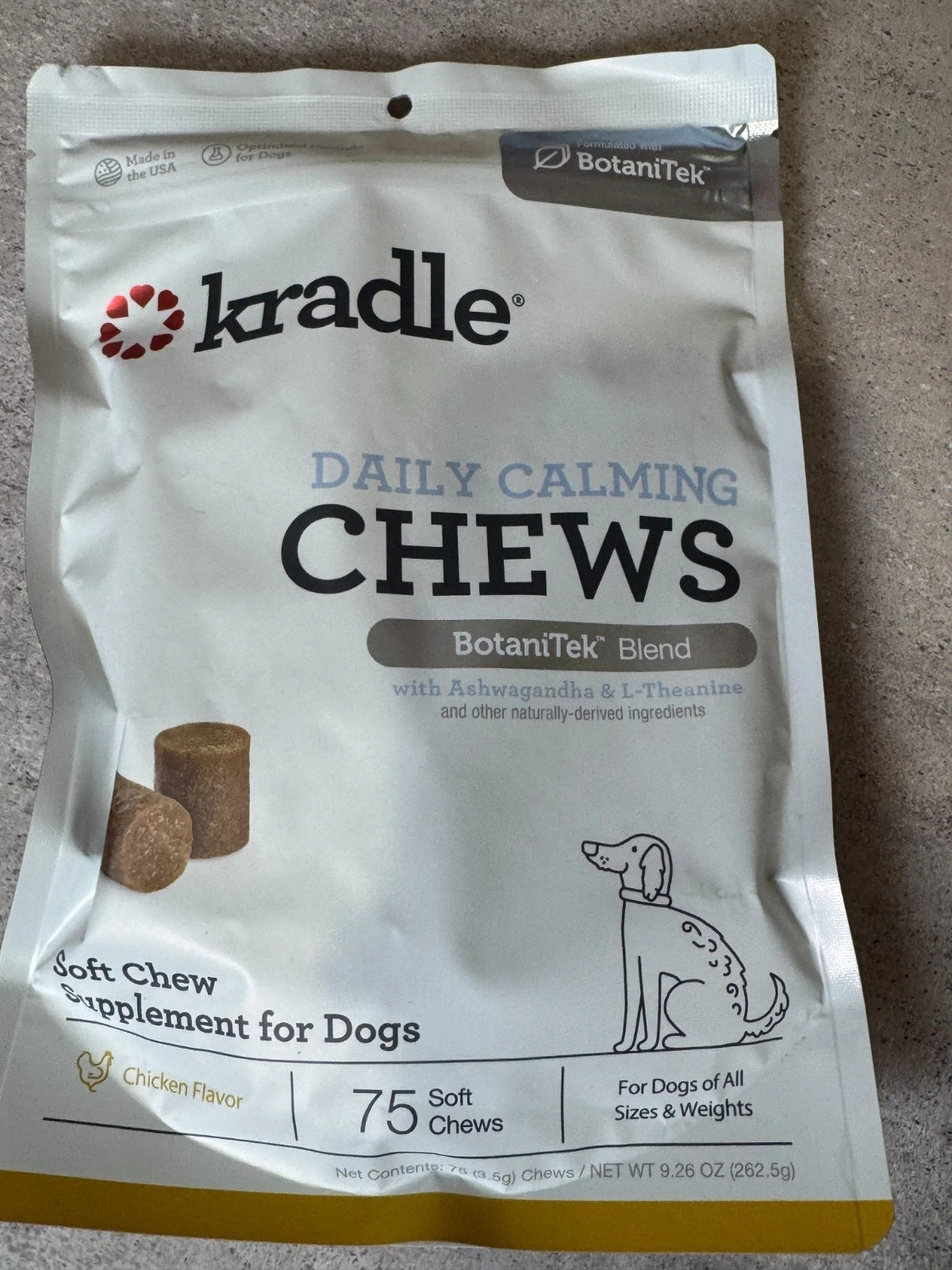 Kradle Daily Calming Chews Dogs 75 Soft Chicken Flavor Ashwagandha L-Theanine Ne