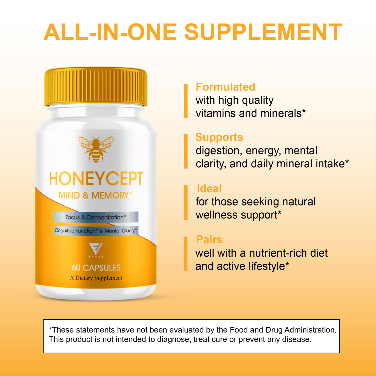 HoneyCept Mind and Memory Supplement, Honey Cept Pills (60 Capsules)