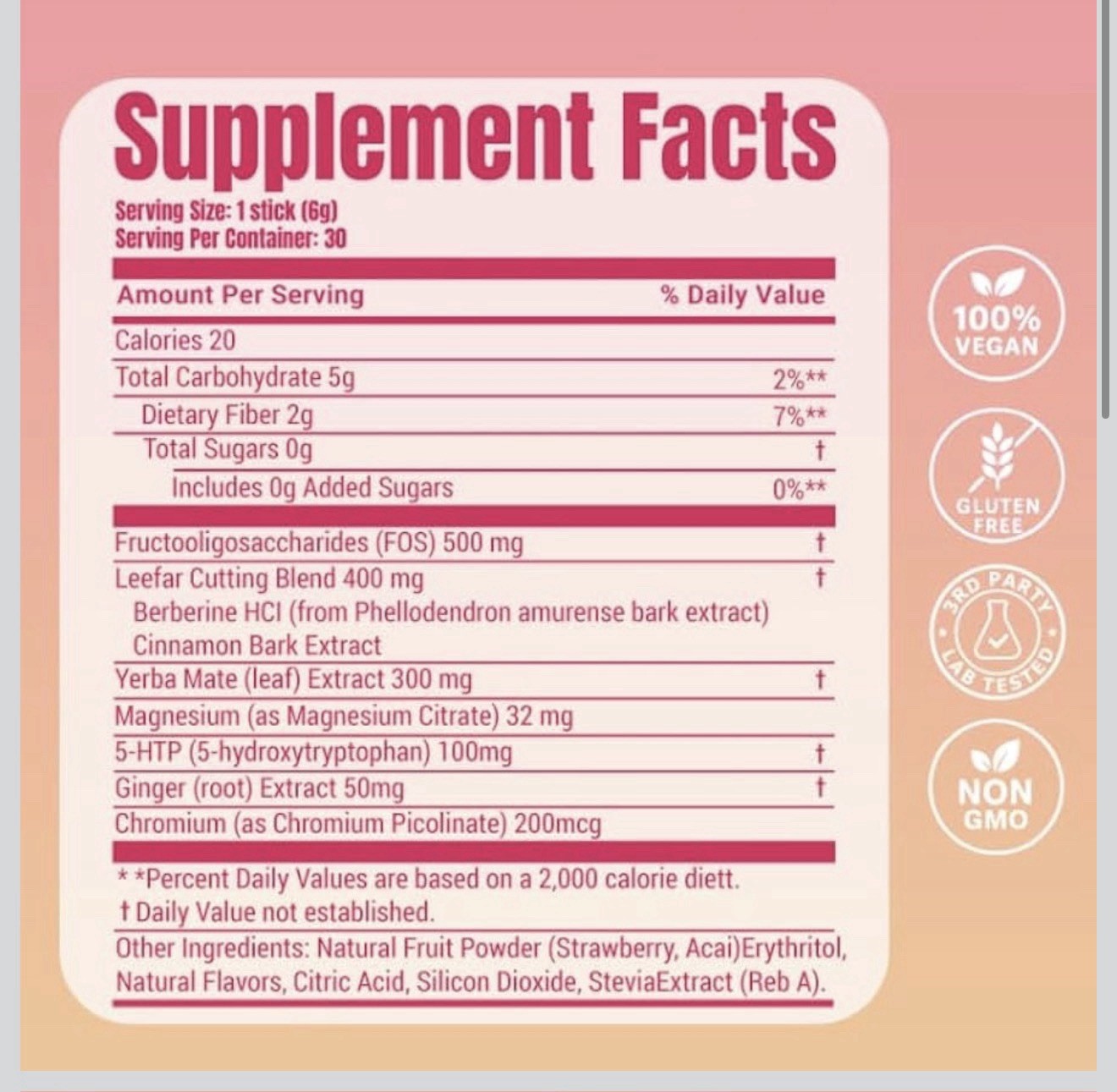 LeeFar Cutting Mix Berberine + Yerba Mate Strawberry Acai Vegan 30 Sticks