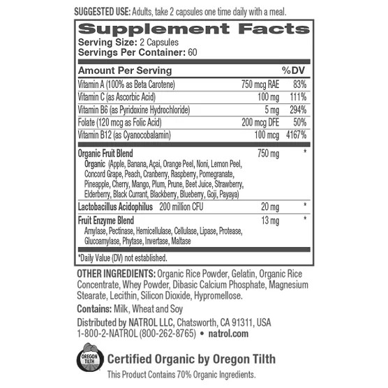 240 Veggie & Fruit Capsules Natrol JuiceFestiv with Probiotics Enzymes