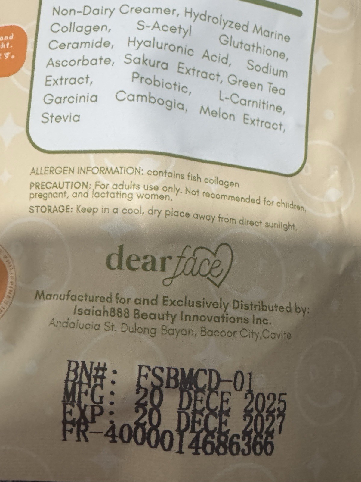 Dear Face Beauty Milk Japanese Collagen Melon Drink, 10 Sachets X 18g NEW!