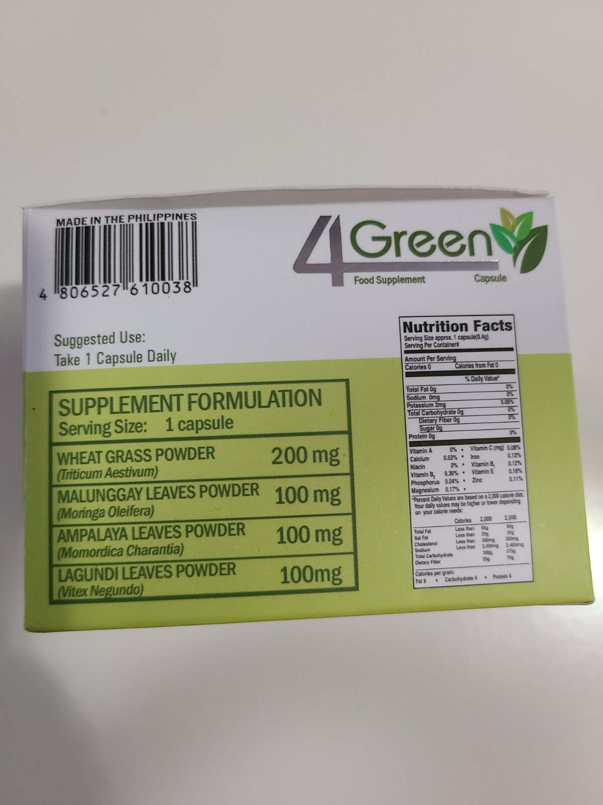 4 Green Organic Wheat Grass Food Supplement 100 Capsule by JC Premiere