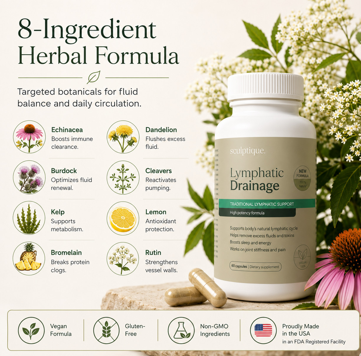 Lymphatic Drainage Support Capsules Herbal Fluid Balance Supplement Sculptique