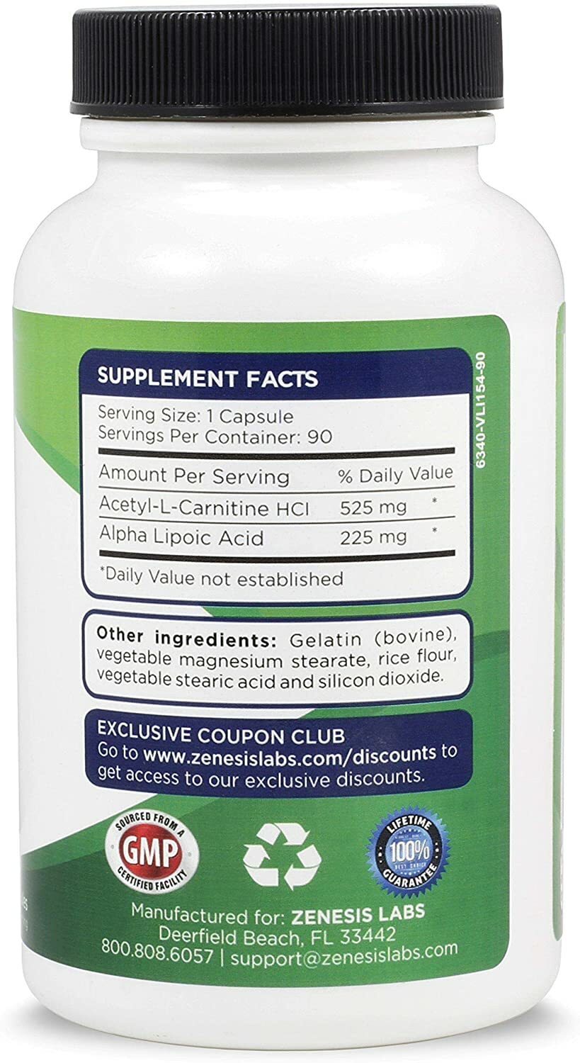 Acetyl L-Carnitine 525mg & 225mg ALA – 360 caps (4 bottle set) –