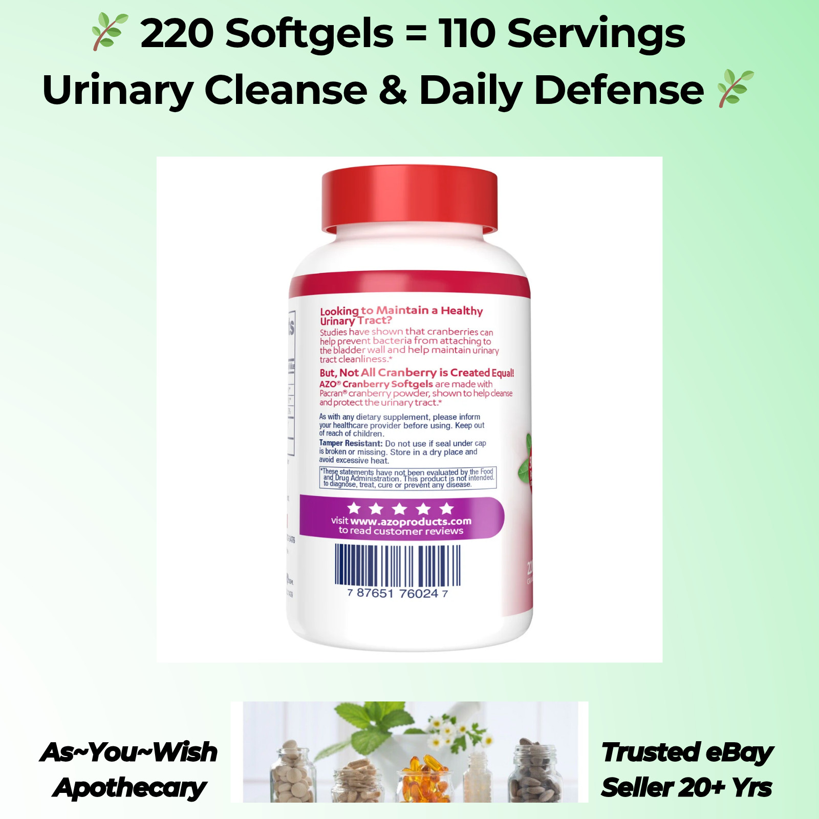 220 Softgels AZO Cranberry 500mg Urinary Tract Health UTI Cleanse Supplement