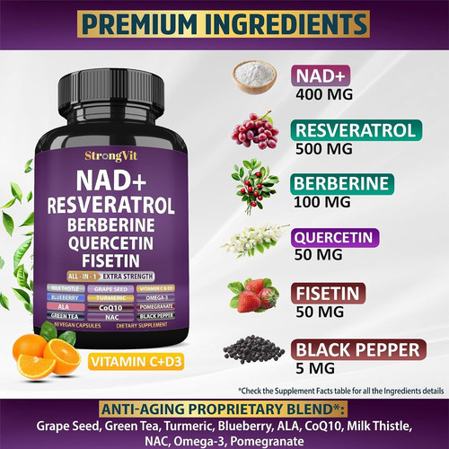 NAD Resveratrol Supplement with Berberine, Quercetin, 60 Count (Pack of 1)