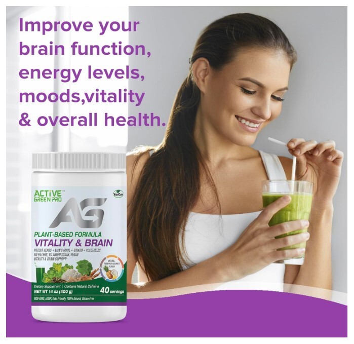 Active Green Pro Vitality & Brain Powder, Blend of Synergistic Herbs/Mushrooms/V