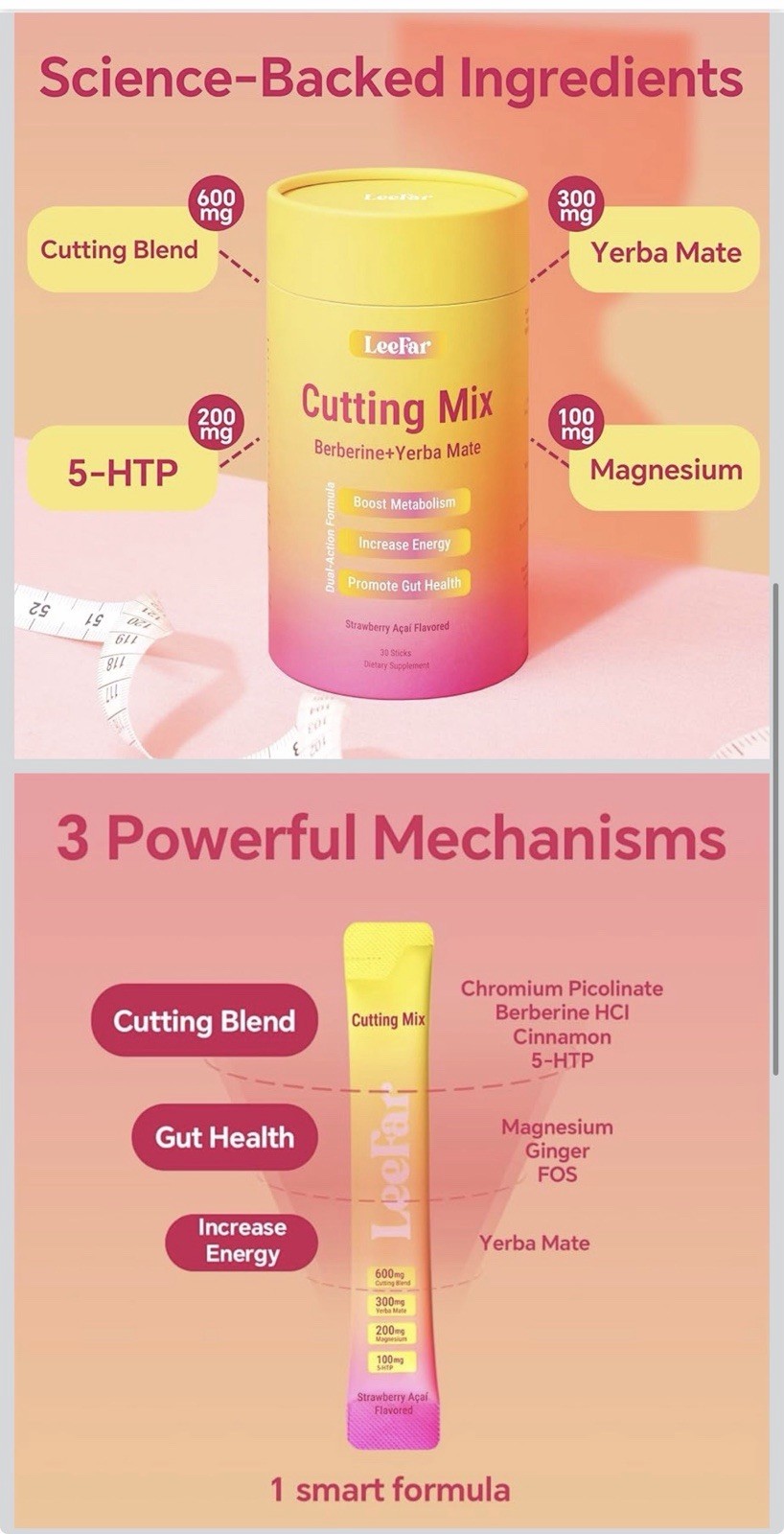 LeeFar Cutting Mix Berberine + Yerba Mate Strawberry Acai Vegan 30 Sticks