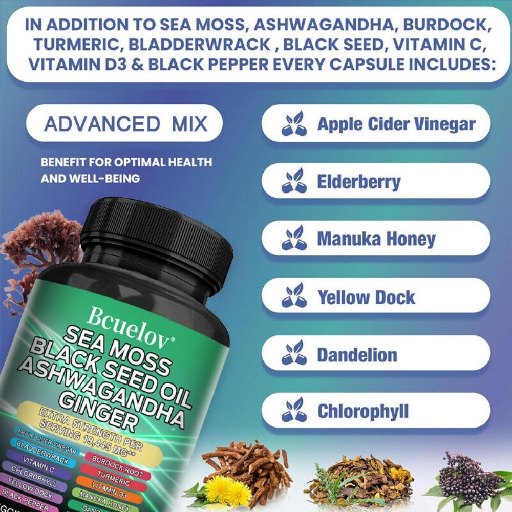 Sea Moss, Black Seed Oil, Ginger, Turmeric, Ashwagandha (16 in 1 Multivitamin)