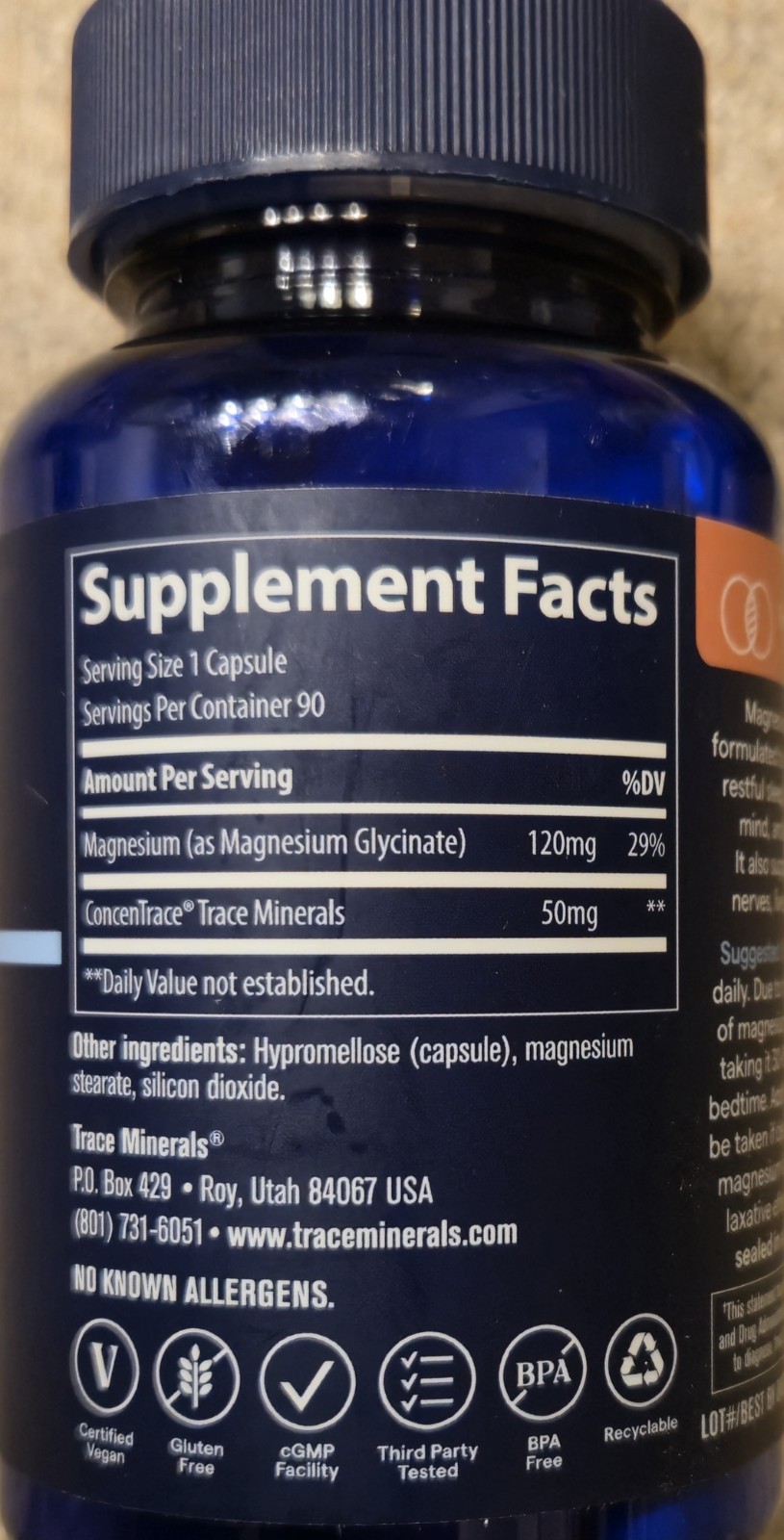 Trace MAGNESIUM GLYCINATE 120 mg 90 Caps ( 90 Servings ) Relax And Sleep Support