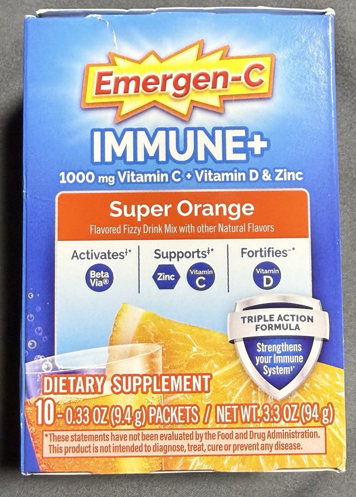 Emergen-C Immune+ Super Orange 10 Packets 1000mg Vitamin C Zinc Exp 02/2027