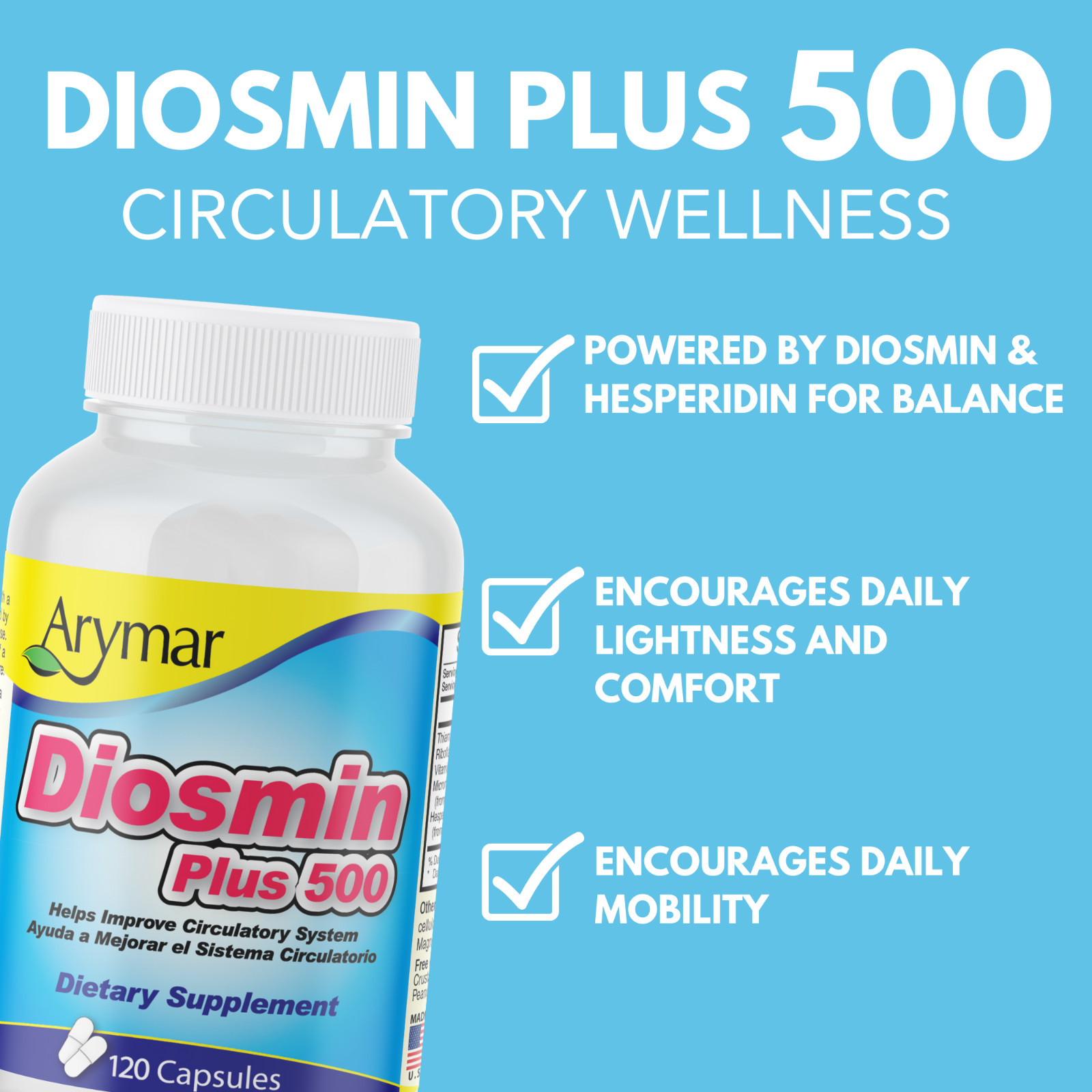 Arymar Diosmin Plus 500, Circulatory Support, 120 Capsules