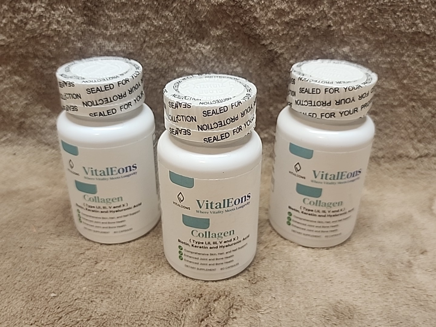 3 Bottles: VitalEons Collagen 60 Capsules Type I, II, III, V & X Exp. 06/12/2026