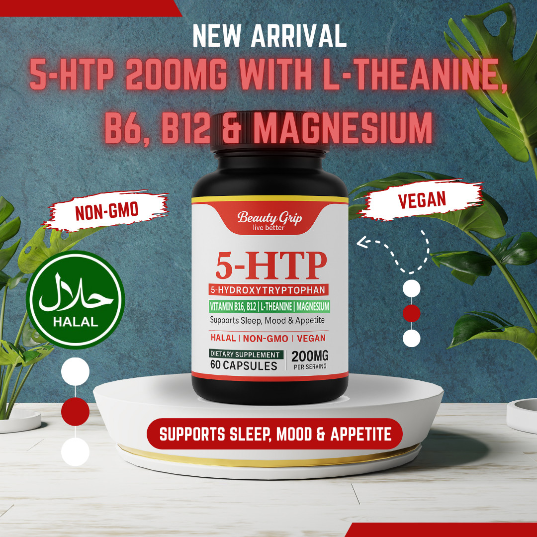 5-HTP 200mg with L-Theanine, Vitamin B6, B12 & Magnesium – Vegan, Halal, Non GMO