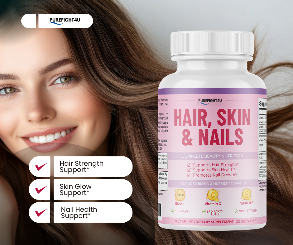 Purefight4u Hair, Skin & Nails Supports Healthy Hair Growth wBiotin – 5 Bottles