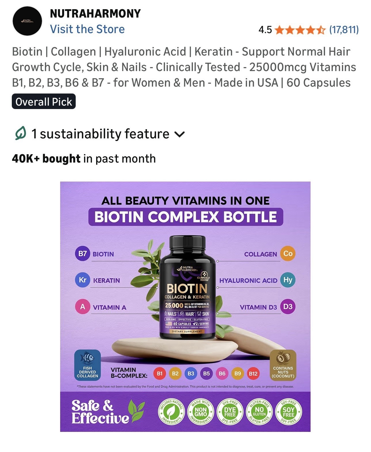NutraHarmony Biotin Collagen Keratin Hyaluronic Acid 25000mcg 60 Capsules