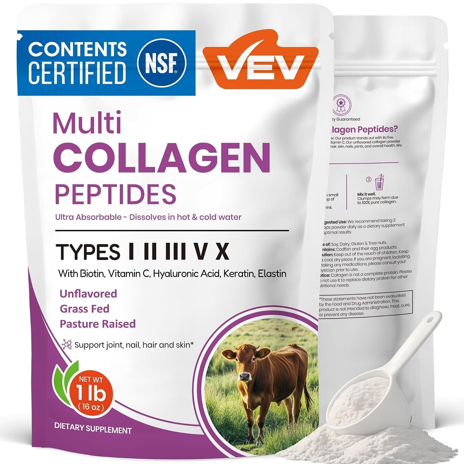 VEV Multi Collagen Peptides Powder 32 oz – Unflavored Hydrolyzed Collagen