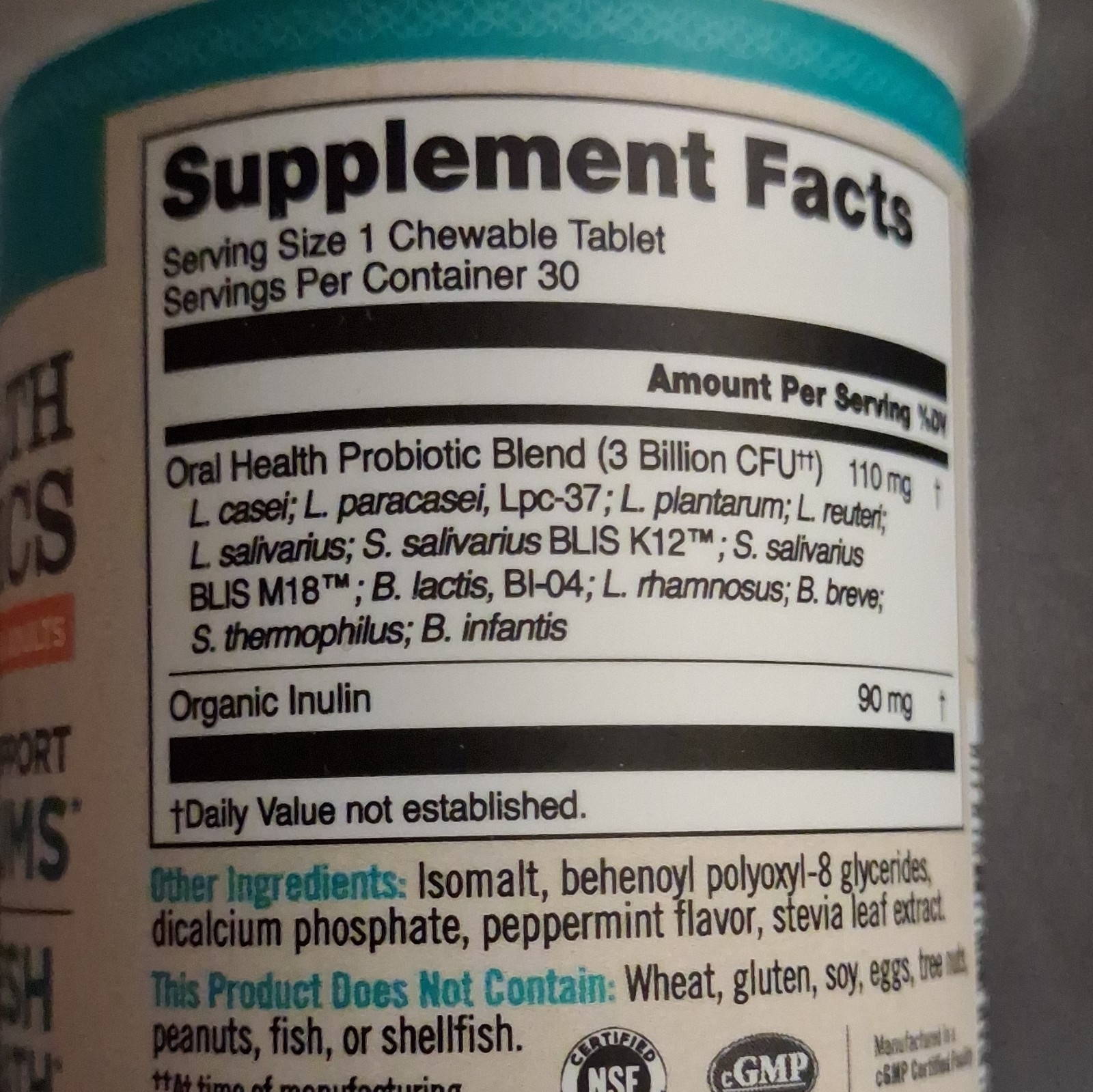 NatureWise WiseBiotics Oral Health Probiotic Chewable 30 ct Peppermint GF