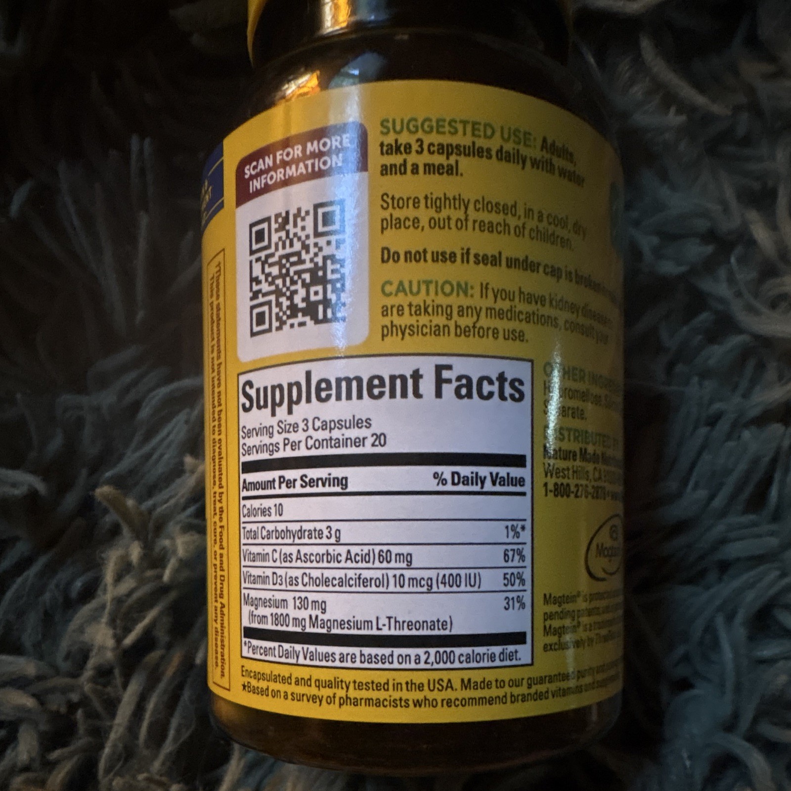 Nature Made Magnesium L-Threonate + Vitamins C & D3 60 Capsules Exp Jul 2027