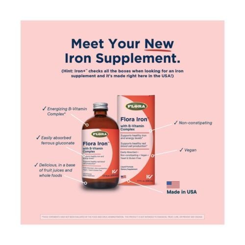 Flora Iron Plus Herb with B Vitamin Complex Liquid Formula Gluten Free 7.7 Fl Oz