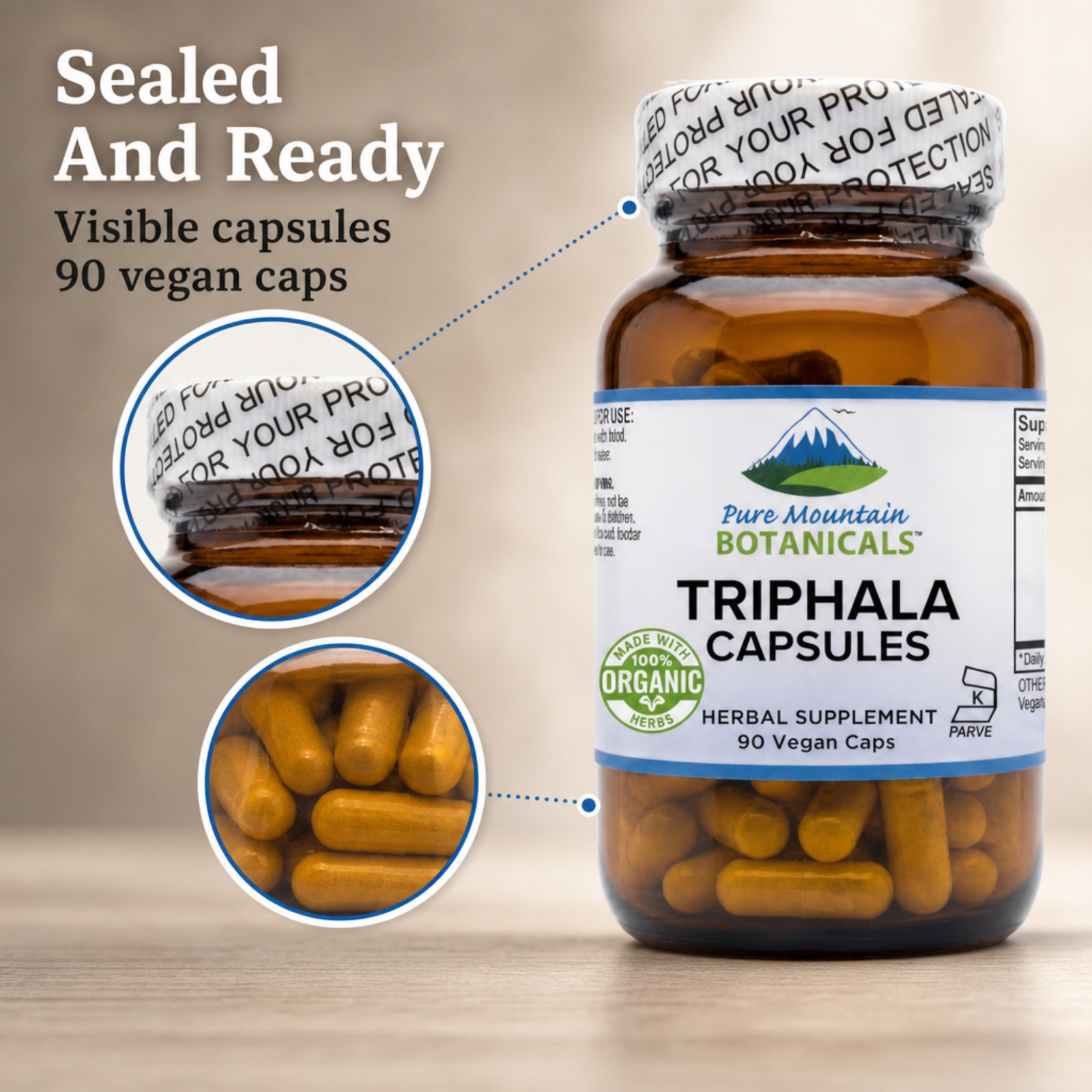 Pure Mountain Triphala Capsules 500mg Organic Amla Fruit Kosher Vegan Supplement