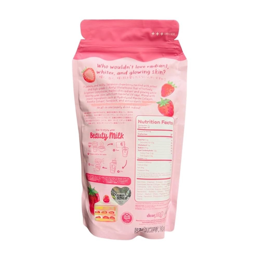 Dear Face Beauty Milk Japanese Collagen STRAWBERRY Drink, 10 Sachets X 18g