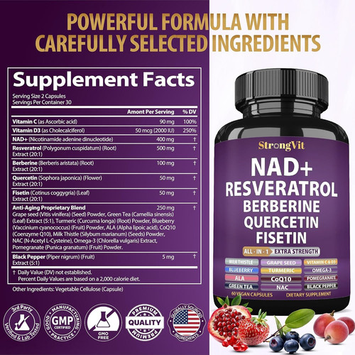 NAD Resveratrol Supplement with Berberine, Quercetin, 60 Count (Pack of 1)